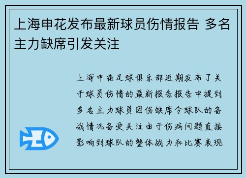 上海申花发布最新球员伤情报告 多名主力缺席引发关注 上海申花发布最新球员伤情报告 多名主力缺席引发关注