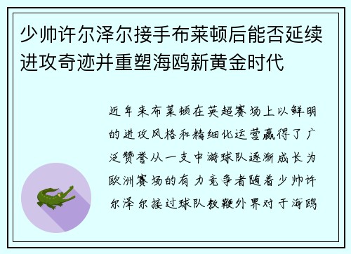 少帅许尔泽尔接手布莱顿后能否延续进攻奇迹并重塑海鸥新黄金时代 少帅许尔泽尔接手布莱顿后能否延续进攻奇迹并重塑海鸥新黄金时代