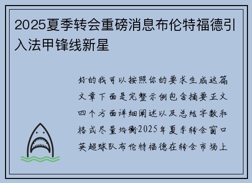 2025夏季转会重磅消息布伦特福德引入法甲锋线新星